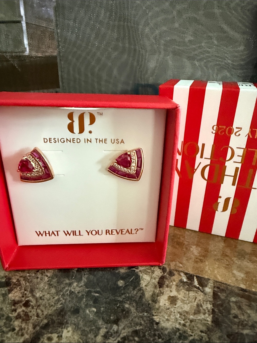 bp Pink and Gold Triangle Stud Earrings